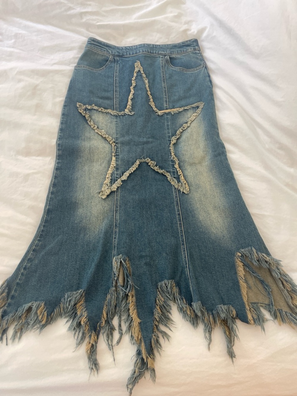 Distress denim midi skirt